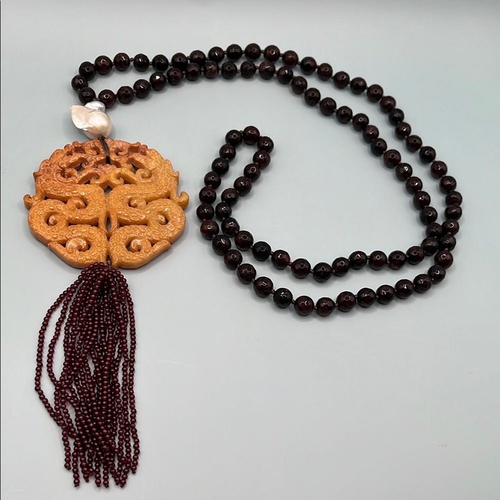 Elegant Chinese Jade Pendant Necklace with Garnet Chain and Coral Beads